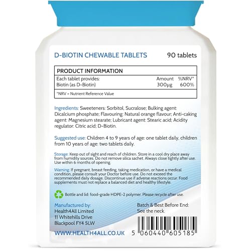 Health4All Kids D-Biotin 90 Chewable Tablets 3 Months Supply, Hair Growth and Strong Nails Supplement for Children 4+, Natural Vegan Orange Flavour, Sugar Free | Made in UK (not Gummies) - Image 7