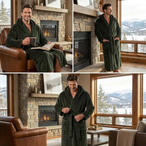 Image of FashGudim Mens Robes Big and Tall with Hood Two-Tone Flannel Fleece Contrast Bathrobe Full Length Plush Long Robe House Coat