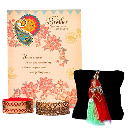 Image of ARCHIES Rakhi for Brother Rakshabandhan Combo of 1 Dazzling Lumba Rakhi With 1 Roli & Chawal Set-10gm (Pack of 2) for Bhaiya|Bro|Bhai