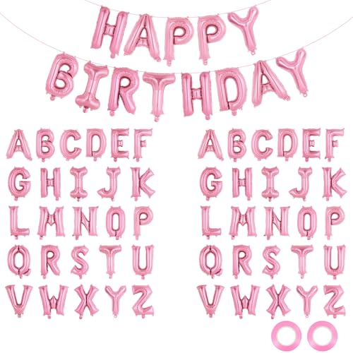 Image of 65 Pcs Pink Happy Birthday Balloons, 2 Sets A-Z Pink Letters Foil Balloons,16 Inch Personalized Name Happy Birthday Banners for Wedding Baby Shower Anniversary Party Decorations