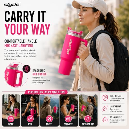 Image of Slyde 1200ml Stainless Steel Insulated Tumbler with Handle | Double Wall Vacuum Travel Mug | Leakproof Lid | Includes 2 Straws (1 Stainless Steel & 1 Plastic) Hot Pink