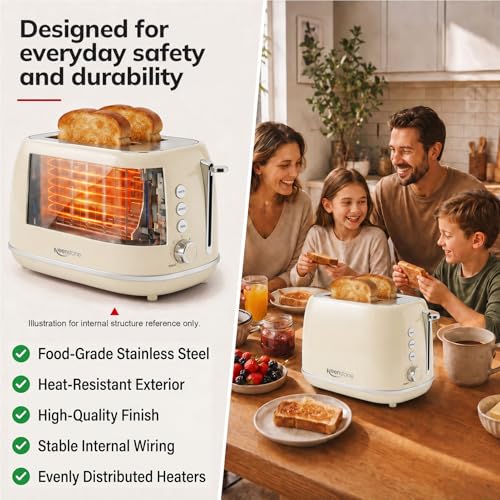 Image of Toasters 2 Slice Retro Stainless Steel Toasters with Bagel, Cancel, Defrost Function and 6 Bread Shade Settings Bagel Toaster, Beige