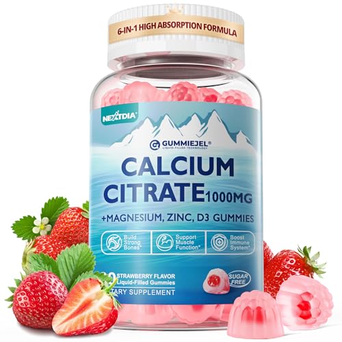 Calcium Citrate Supplement 1000mg for Women & Men, 6-in-1 Calcium Magnesium Zinc Gummies + Vitamin D3, B6 & Potassium High Absorption for Bones, Teeth, Muscle & Nerve Health, Vegan, Sugar Free,60Cts