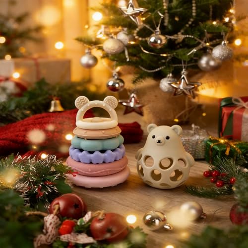 Image of Baby Silicone Stacking Toys,Soft Teething Bear Learning Toy for 6M+,Pink | Sensory Toys for Highchair,Bear Teether & Stacker Rings Toy,Baby Table Toys,Food Grade Silicon Toy,Baby Shower Gifts