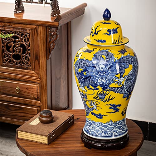Fotoev Jingdezhen Ceramic Yellow Bottom Blue And White Dragon Pattern Ginger Jar With Lid, Decorative For Home Decor #TOP2