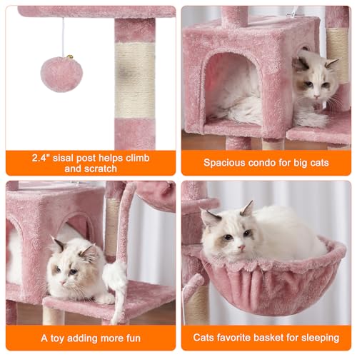 Image of Heybly Cat Tree with Toy, 43.3 inch Cat Tower condo for Indoor Cats, Cat House with Padded Plush Perch, Cozy Hammock and Sisal Scratching Posts, Skin Pink HCT004SP