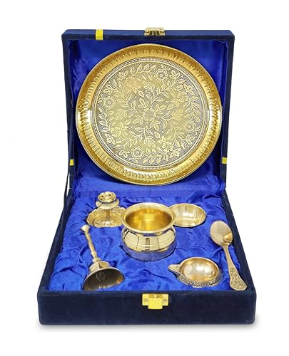 Image of BENGALEN Brass Puja Thali Set with Blue Gift Box Very Small 6 Inch Pital Plate Kalash Spoon Chandan Wati Dhup Dan Kuber Diya Ghanti Pooja Arti Thali for Diwali Home Office Mandir Wedding Return Gifts