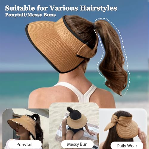 Image of Summer Straw Beach Sun Visor Ponytail Hats for Women Foldable Floppy