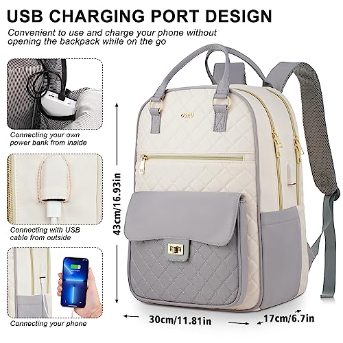 Image of Teen Girls School Backpack,15.6in Laptop Bag for Women,Big Schoolbag for Travel Work Nurse Teacher Uni,Gray-Beige