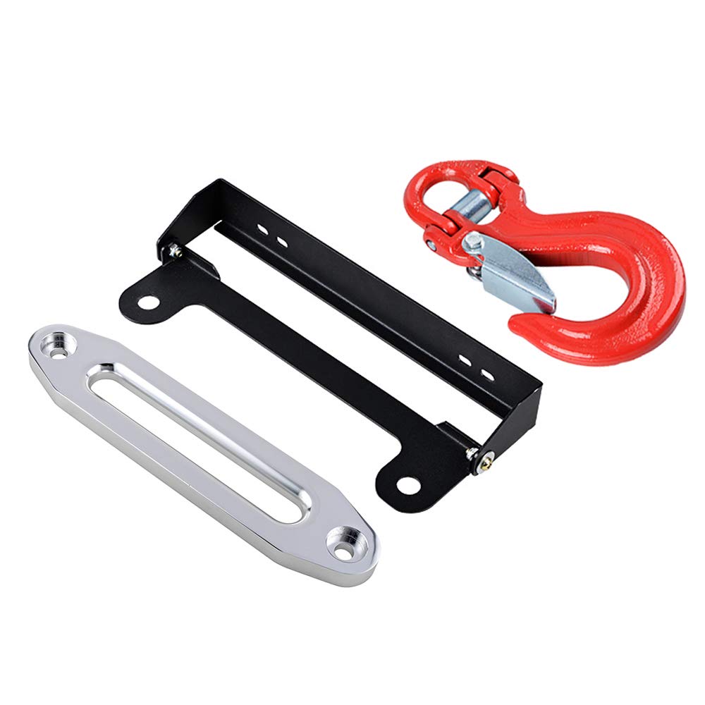 AMOPA amopacorp Red Half-Link Safety Latch Winch Hook WLL 28,000lbs and 10 inch Chrom Silver Aluminum Hawse Fairlead with Stainless Steel Flip-Up 254mm Mounted License Plate Holder