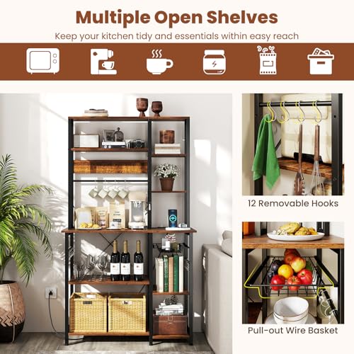 KOMFOTTEU Estantería de Cocina de 9 Niveles, Soporte para Microondas de Madera con Marco de Metal, Estante de Panadería con Cesta y Ganchos, Mueble Auxiliar para Comedor, Salón, 99 x 40 x 170 cm - imagen 6