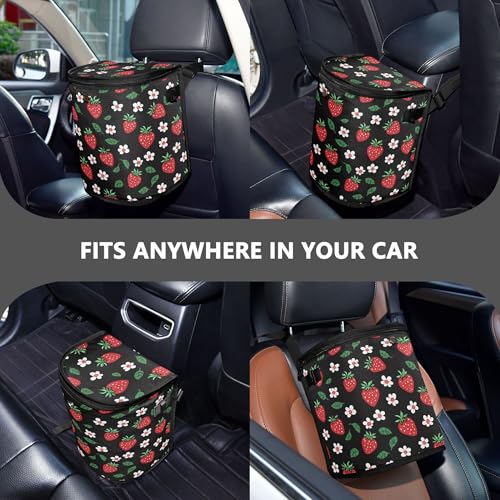 Image of Wudan Car Trash Can with Lid Fruit Strawberry Floral Black Waterproof Leak Proof Hanging Garbage Bin Car Organizers and Storage for Back Seat Office Deco