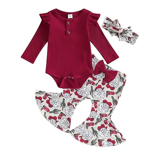 Image of Kuriozud Newborn Baby Girl Bell Bottom Outfit Ruffle Romper Cute Bow Flare Pants Set Headband Cute Clothes