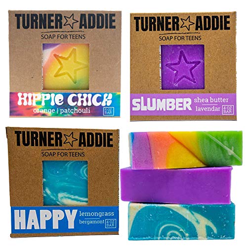 Turner and Addie Teen Soap Bundle (3 Bars) - Slumber, Happy, Hippie Chick â€“ Natural Soap for Teens (3 Bar Bundle Set) - Handmade in Maryland - Gift for Teens Tweens Kid