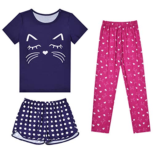 Image of Mirawise Girls 3 Pc Pajamas Sleepwear Cotton Pjs Clothes Set 4-13 Years