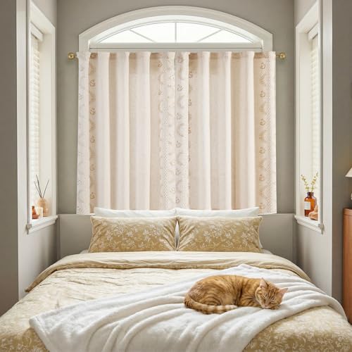 Image of jinchan Beige Floral Linen Kitchen Tier Curtains 50x45 Inch 2 Panels