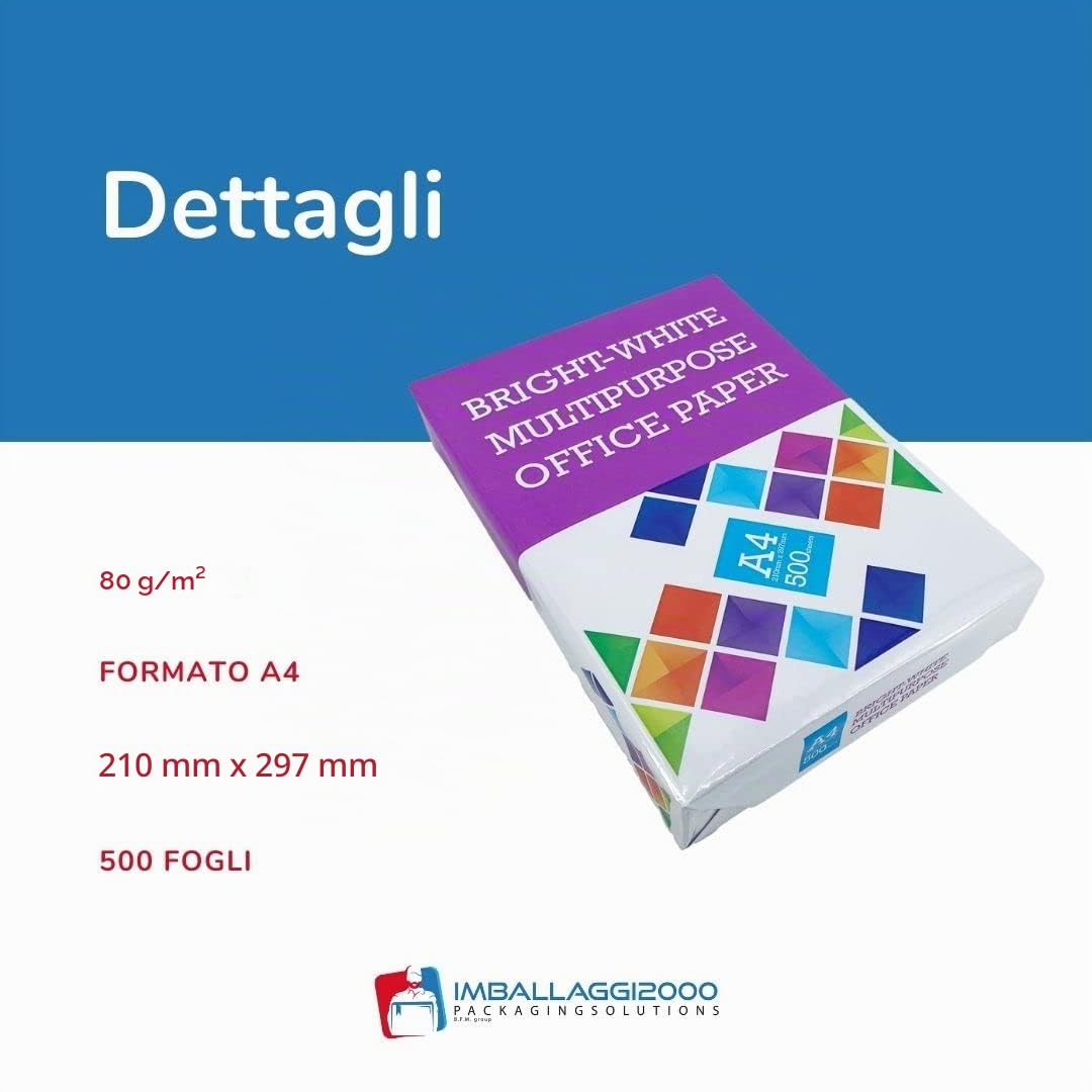 IMBALLAGGI 2000-10 box da 5 Risme A4 Carta Bianca da 500 fogli per Stampante e Fotocopie, Indispensabile in Ufficio, Fogli A4 80 gr/mq, Adatti ad ogni tipo di Stampante