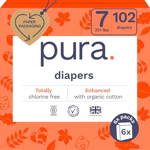 Image of Pura Size 7 Eco-Friendly Diapers (33+lbs) Hypoallergenic, TCF, Soft Organic Cotton, Sustainable, up to 12 Hours Leak Protection, Allergy UK, Recyclable Paper Packaging, 6 Packs of 17 (102 Diapers)