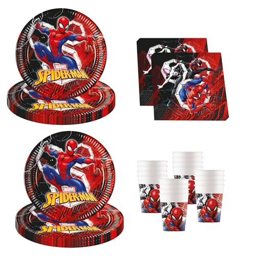 Procos - Spiderman World of Webs decoração de aniversário, 52 peças, pratos de cartão, copos e guardanapos para festas infantis, louça de festa