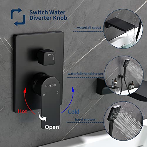 Grifos para bañera con montura en pared con cascada y rociador, juego de grifo para bañera y ducha con kit de recorte de válvula en acabado negro mate miniatura 4