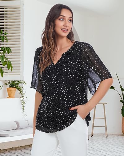 Top12 Best Lightweight Summer Tops with Sleeves for Women over 50: 14 Lotusmile Business Casual Tops for Women: Work Attire for Office - Fall Blouses for Women - Dress Shirts Short Sleeve Professional Formal Clothes Dressy Ladies Tops Elegant Chiffon Spotted Black M