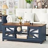 Joaxswe 48' Farmhouse Coffee Table with Storage and Glass Sliding Barn Doors Modern Industrial Center Table with Adjustable Shelves Rustic Rectangular Table for Living Room, Blue-Double Sided Design