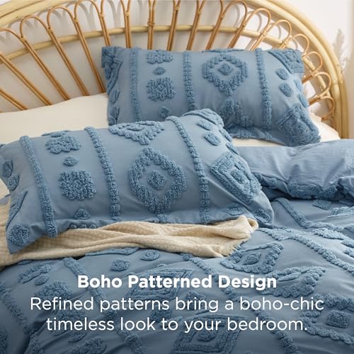 Image of Bedsure Boho Tufted Blue Comforter Set Queen Size, GentleSoft 3 Pieces Boho Farmhouse-Style Decor Bedding, Exquisite Bedding for All Seasons, 1 Bed Comforter, 2 Pillow Shams, 90x90 Inches