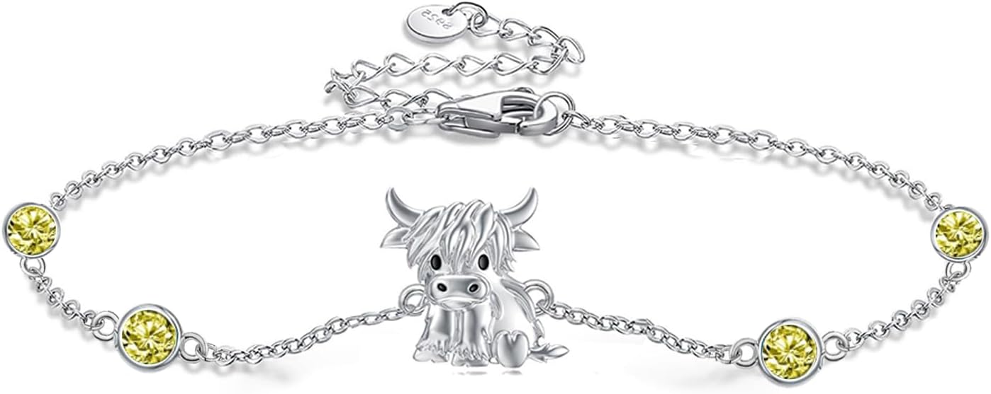 Birthstone Highland Cow Bracelet 925 Sterling Silver Scotland Cow Link Bracelet Western Jewelry Gifts for Women Mom Cow Lover