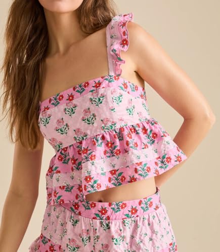 Image of ROAONOCOMO Women Summer Floral Pajama Set Ruffle Trim Cami Top Coquette Pj Set Gingham Babydoll 2 Piece Shorts Outfit