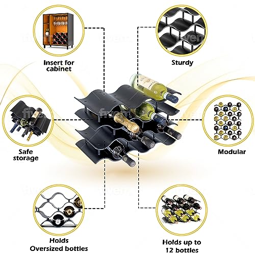 Bariboo Wave Wine Bottle Holder - Wine Rack Inserts For Cabinet That Fits 12 Bottles, Premium Plastic Countertop Wine Rack (Black, L) #TOP1