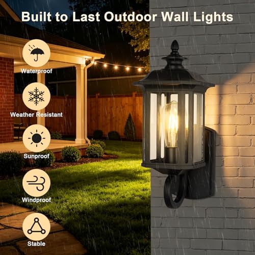 Image of JYZ 15 inch Outdoor Wall Light Fixture, Classic Exterior Waterproof Wall Lantern, Matte Black Anti-Rust Sconce with Clear Glass Shade, E26 Base Outside Porch Lights for Patio Garage Door