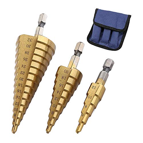 Tumintu HSS - Juego de 3 brocas escalonadas (4-12 mm, 4-20 mm, 4-32 mm, metal, vástago hexagonal, herramienta de cambio rápido)