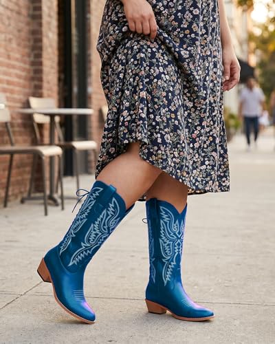 Image of Uillnoodu Wide Calf Cowboy Boots Women Adjustable Lace Up Knee High Tall Plus Size Cowgirl Boots Western Style Comfortable 2-Inch Heel