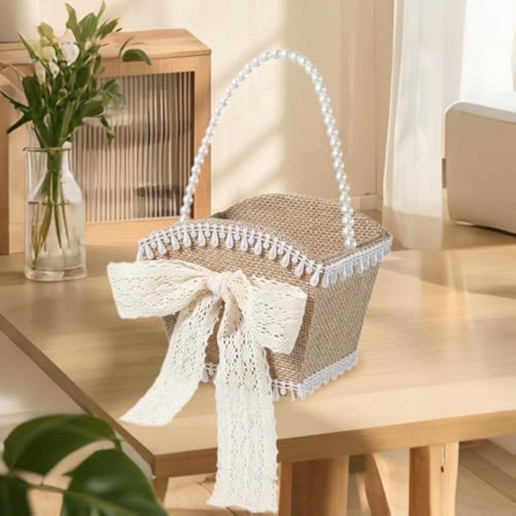 PP Wedding Flower Girl Basket Rustic Bowknot for Table Party