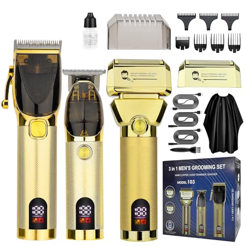Hair Clippers for Men Professional, Barber Clippers and Trimmer Set, Hair Clipper& Hair Trimmer & Electric Foil Shavers Razor Kit, Hair Cutting kit, Cordless Mens Grooming Kit-Gold