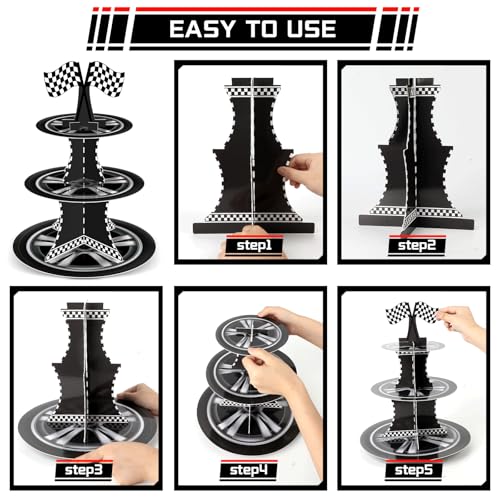 3 Tier Race Car Cupcake Stand with 24 Cake Toppers Birthday Party Decorations Hot Car Theme Dessert Cardboard Stand Tower Two Fast Racing Truck Party Cupcake Holder Tower for Boys Baby Shower Supplies