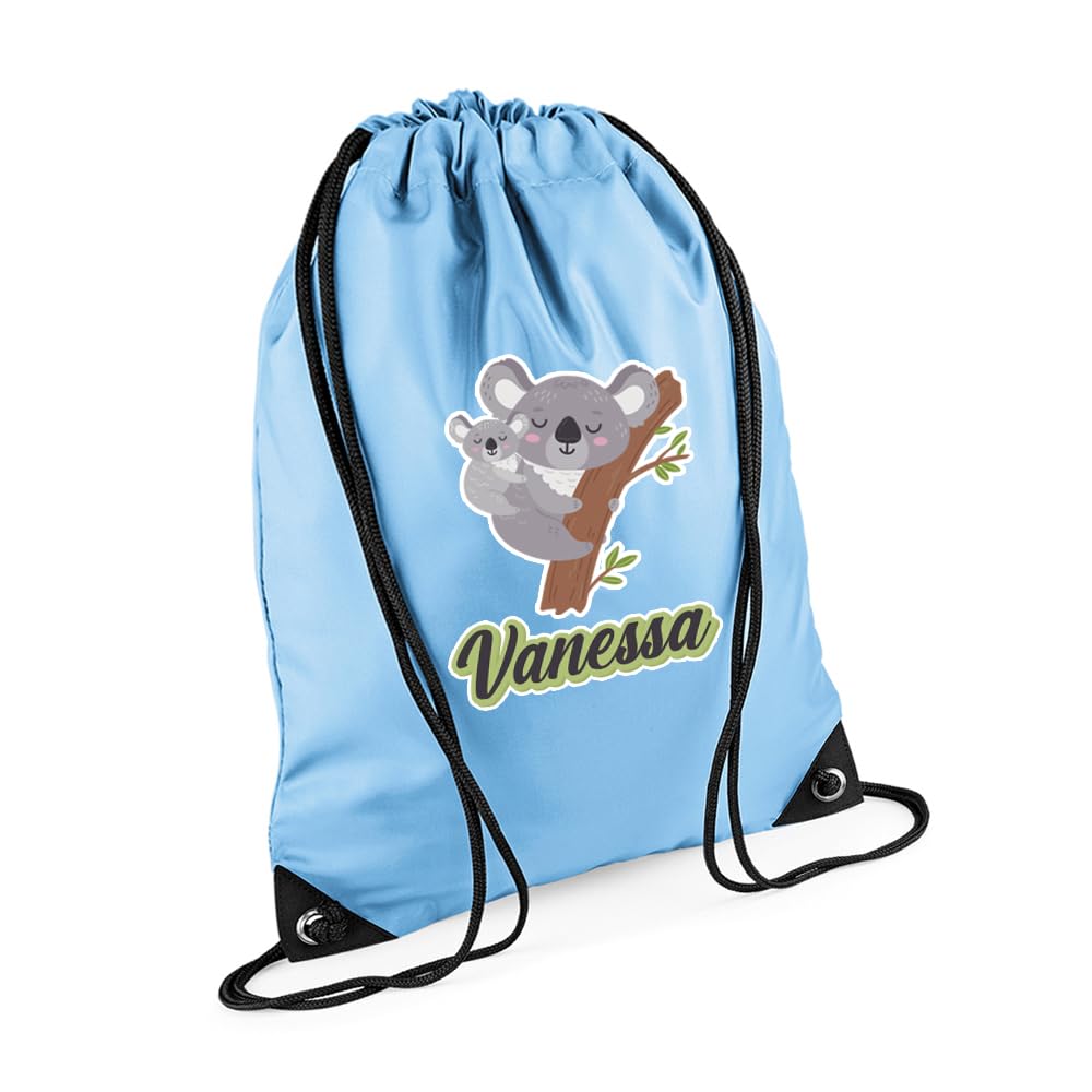 Personalised Koala Animal Pattern, Back to School Gift, Gift For Kids, Drawstring Bag, PE Gym Kit Swimming, Sport Rucksack. (Sky Blue)