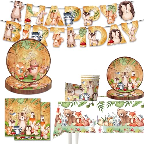 Vajilla de cumpleaños, animales, 52 piezas, kit de cumpleaños, jungla infantil, decoración, platos, toallas, vasos, mantel, pancarta para niña y niño, fiesta Deco