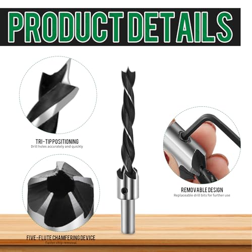 Bohrer mit Senker, 7-Teiliges Holzbohrer Set Spiralbohrer Metall mit Inbusschlüsseln Senkbohrer mit Aufstecksenker 3-10mm Kegelsenker Holz für Holzverarbeitung