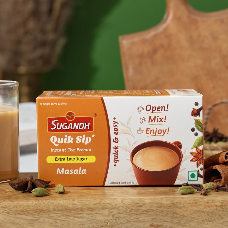 Image of Sugandh Quik Sip Instant Masala Chai Premix Extra Low Sugar (Pack of 2) - Single Serve Sachets - 2 Boxes of 10 Sachets each
