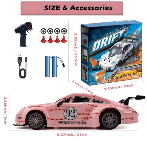 Image of Remote Control Drift Car for Kids and Adults, High Speed 4WD RC Racing Car with LED Lights, Rechargeable Battery and 2.4GHz Controller for Indoor Outdoor Play (Pink)