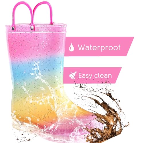 Toddler Rain Boots for Girls Boys, Kids Rain Boots Light Up Glitter Boot Waterproof Shoes with Easy on Handles3