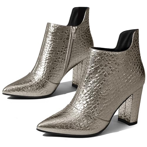 Perphy Pointed Toe Stone Printed Chunky Heels Short Ankle Boots for Women