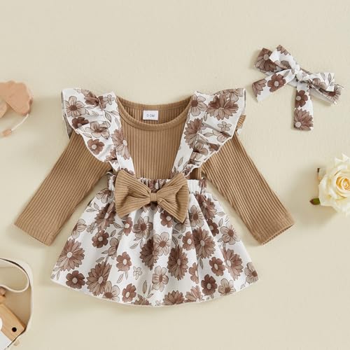 Baby Girl Clothes Fall Cute Skirt Outfits Long Sleeve Romper Floral Overall Skirt Dress Bow 3PCS Outfit3