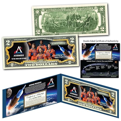 Artemis II Moon Mission Crew NASA Space Program Uncirculated Two Dollar Bill Special Edition + Collectible Display Holder and Certificate - Artemis II Deep Space