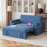 Hadibio Double Sofa Bed, Convertible Velvet 2 Seater Sofa Bed with Storage Pockets, 3 Adjustable Backrest and USB & Type-C, 3-in-1 Pull Out Couch Bed for Living Room, Bedroom, Blue