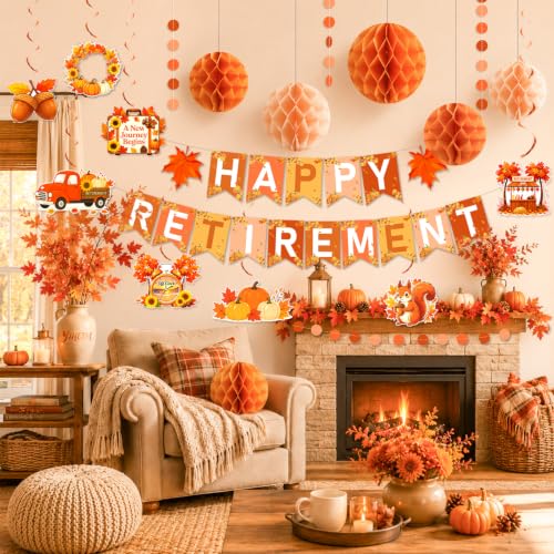 Image of YTHETM Fall Retirement Party Decorations for Men Women Happy Retirement Banner Honeycomb Balls Hanging Swirl Circle Dots Garland Fall Retirement Party Supplies