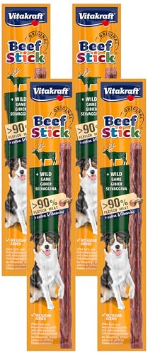 Vitakraft Beef Stick Wild, Hundeleckerli mit Wild, Fleischstick zum Belohnen, extra hoher Fleischanteil, Hundesnack, ohne Zusatz von Zucker (1x 12g) (Packung mit 4)