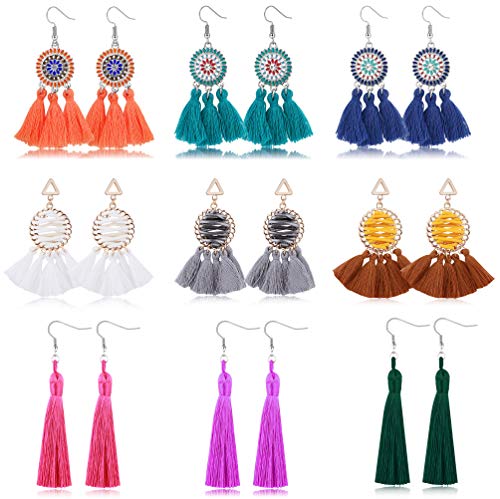 YADOCA 9 Pairs Tassel Earrings Long Thread Layered Earrings Ball Drop Dangle Earrings Rattan Tassel Hoop Earrings Bohemian Rhinestone Colourful Statement Earrings