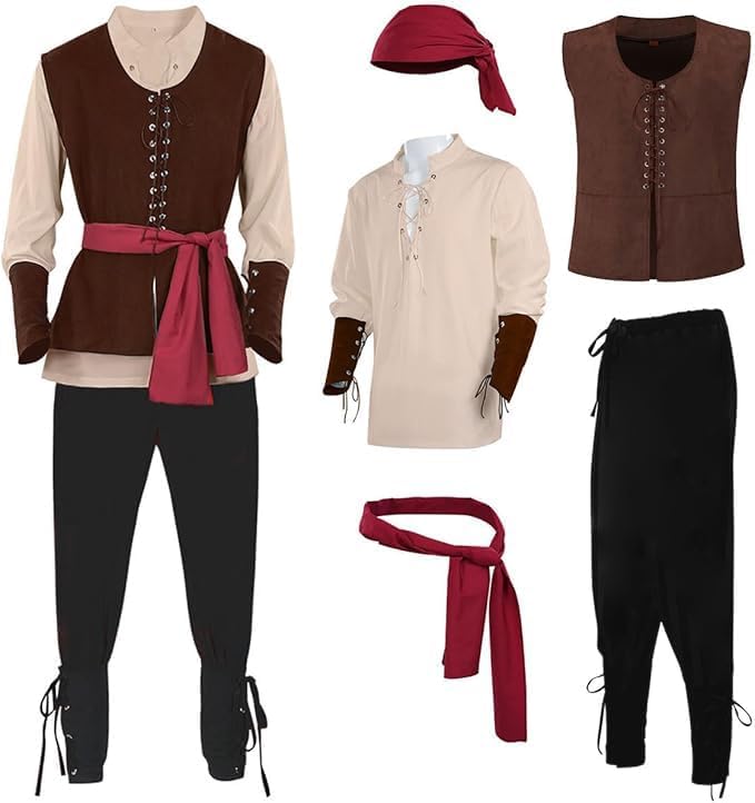 5 Pcs Men's Pirate Costume Set Renaissance Medieval Shirt Vest Banded Pants Viking Belt Headscarf Accessories - Image 5